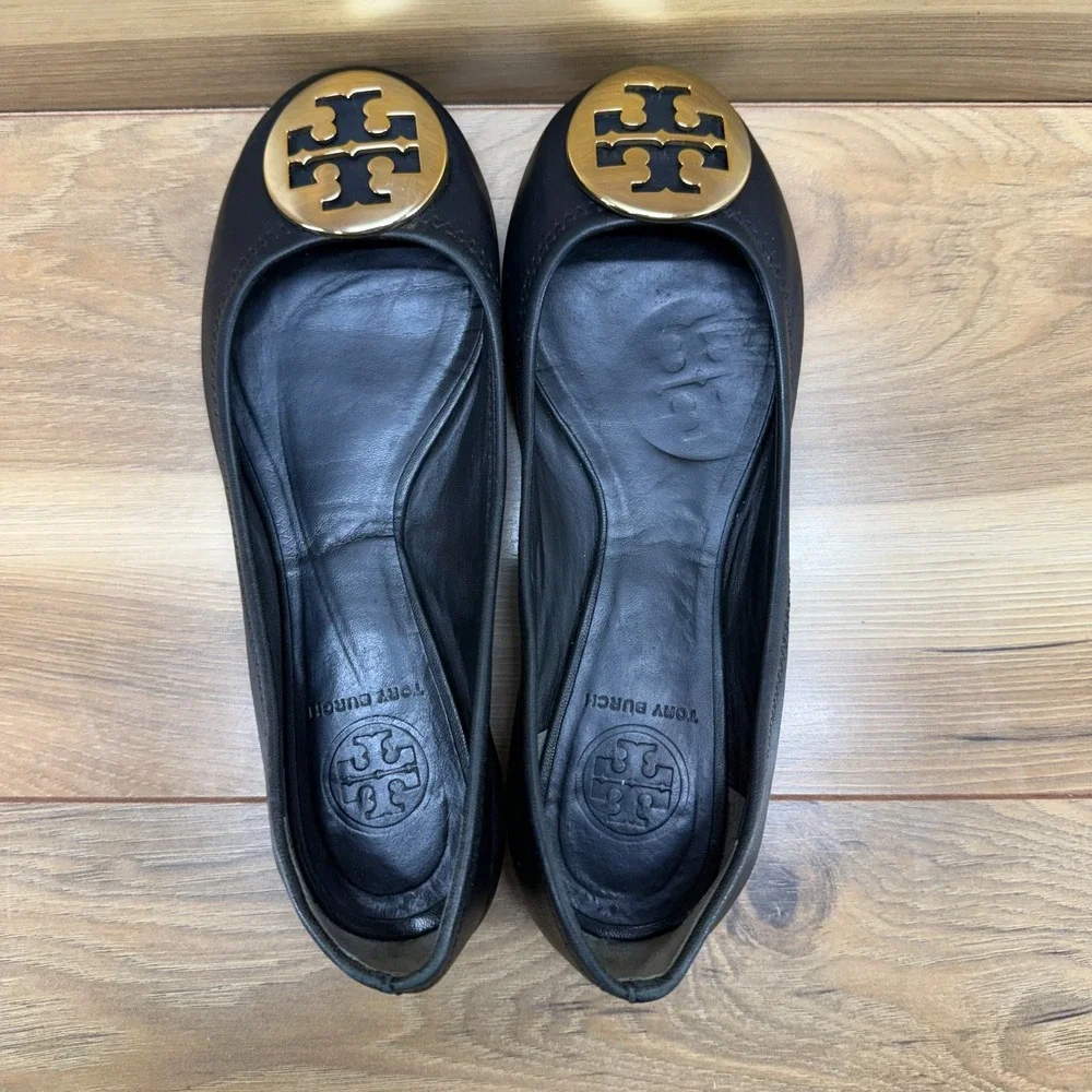 Tory Burch Reva Flats Black Soft 6.5 M Soft Leather Gold Logo Modern Office Walk